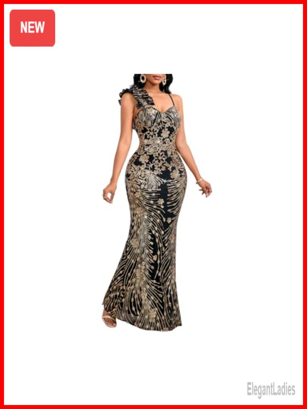 Sequin Mermaid Evening Gown Maxi Dress High Split Ruffled Hem
